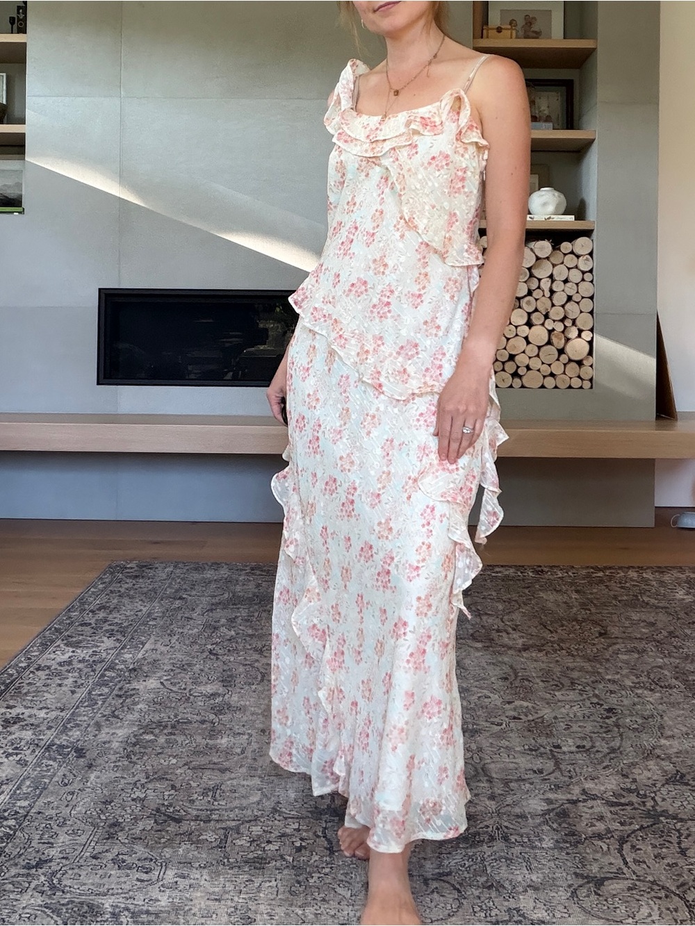 Storia whimsical Maxi Dress with Pink Floral Ruffles medium